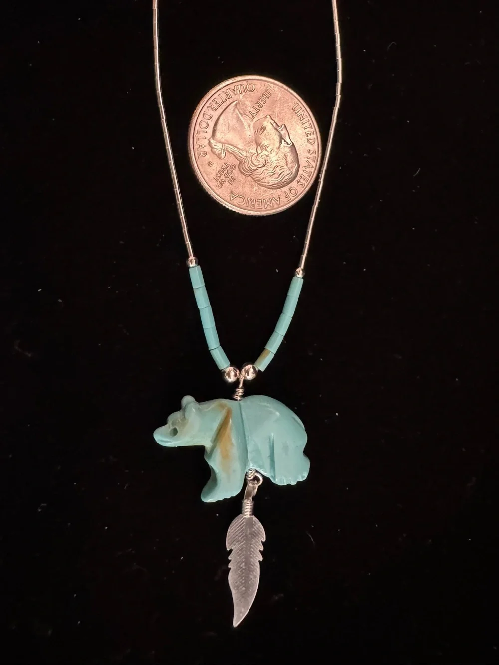 Turquoise Bear Pendant Necklace liquid silver with Silver‎ Feather